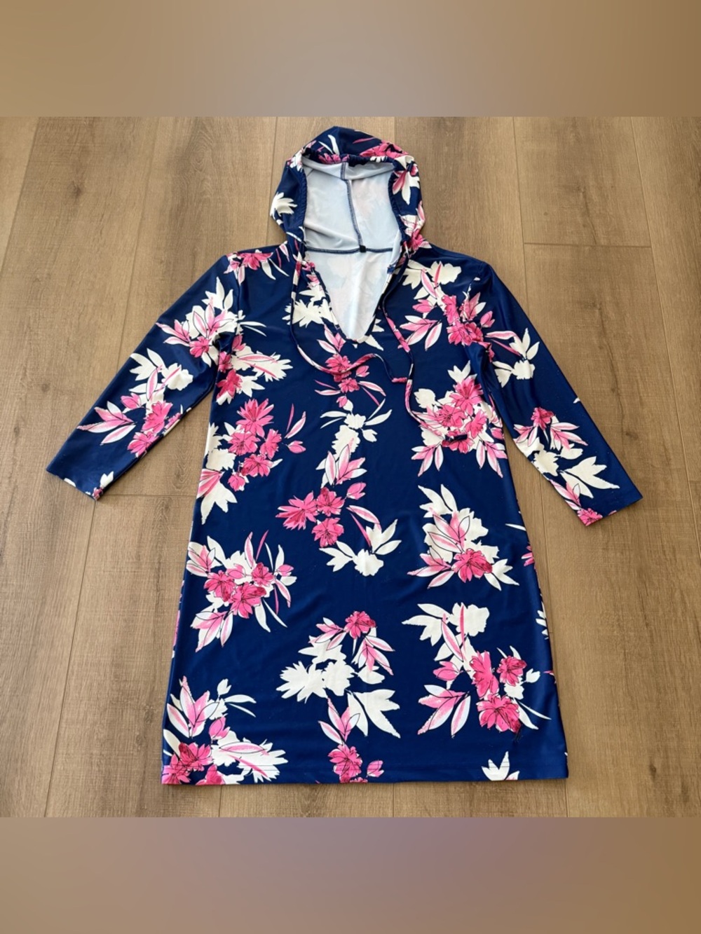 Nautica Blue Pink Floral Swim Bathing Suit‎ Coverup Hood Women Small Resort Pool